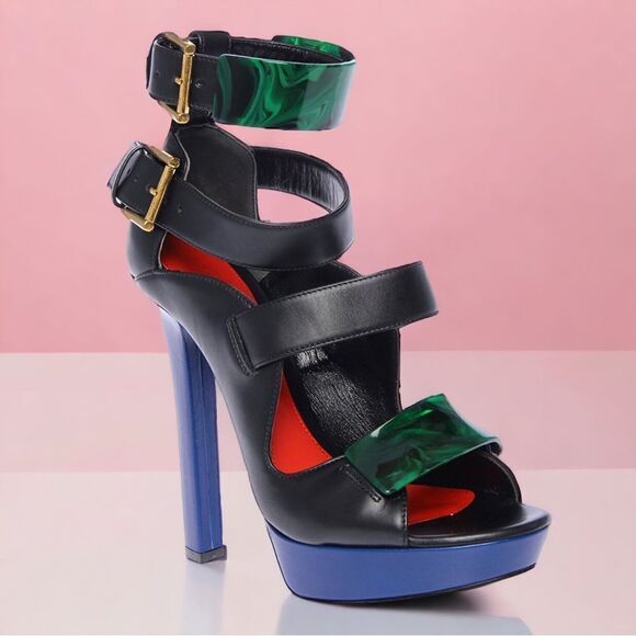 NWOB ALEXANDER MCQUEEN French Gloss Leather Marbled Plexi Platform Buckle Heels - Picture 1 of 15